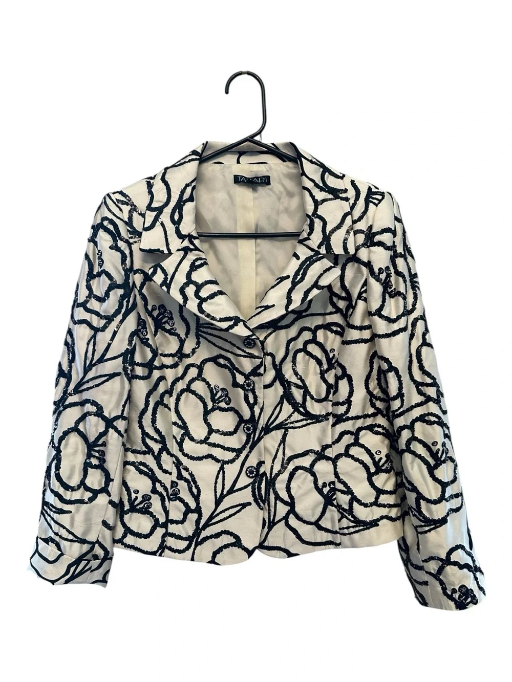 Tahari 100% Silk White Blazer with Black Sequined Floral Embroidery Size 8